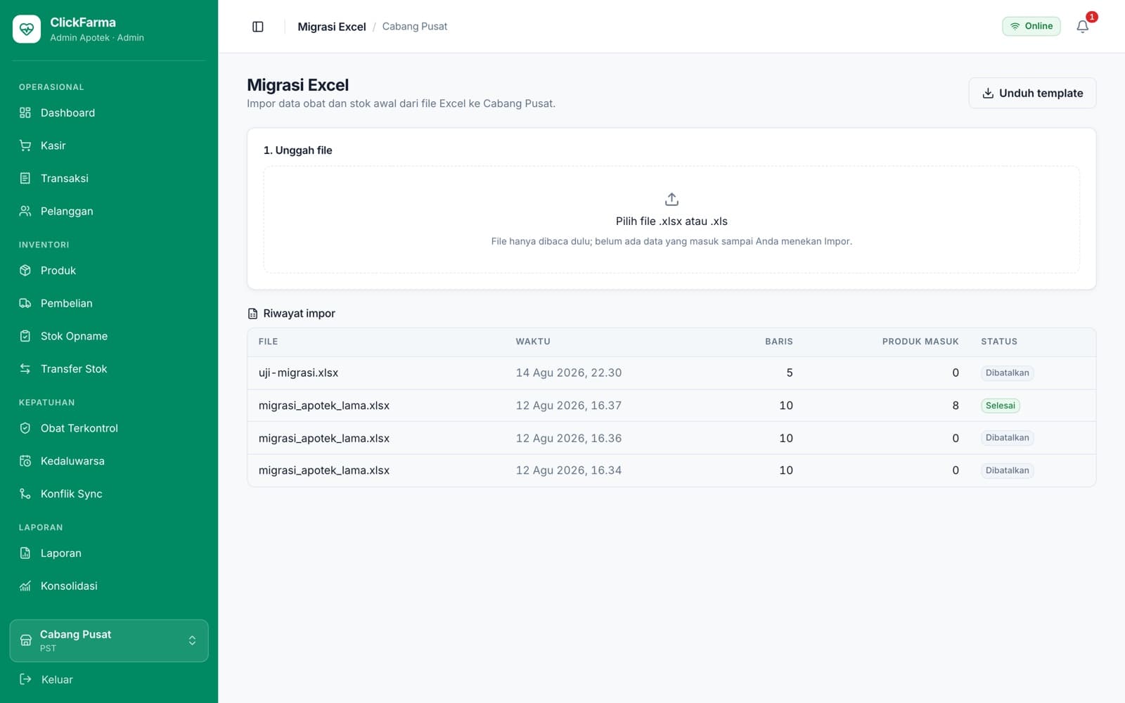 Halaman migrasi Excel dengan area unggah berkas dan tabel riwayat impor.