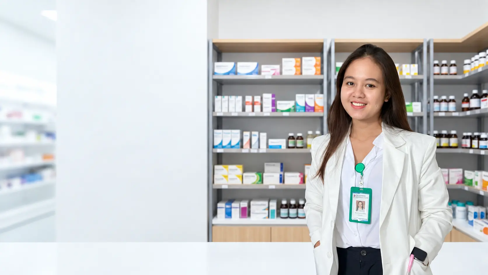 Apoteker Apotika memegang tablet digital dengan latar belakang rak apotek