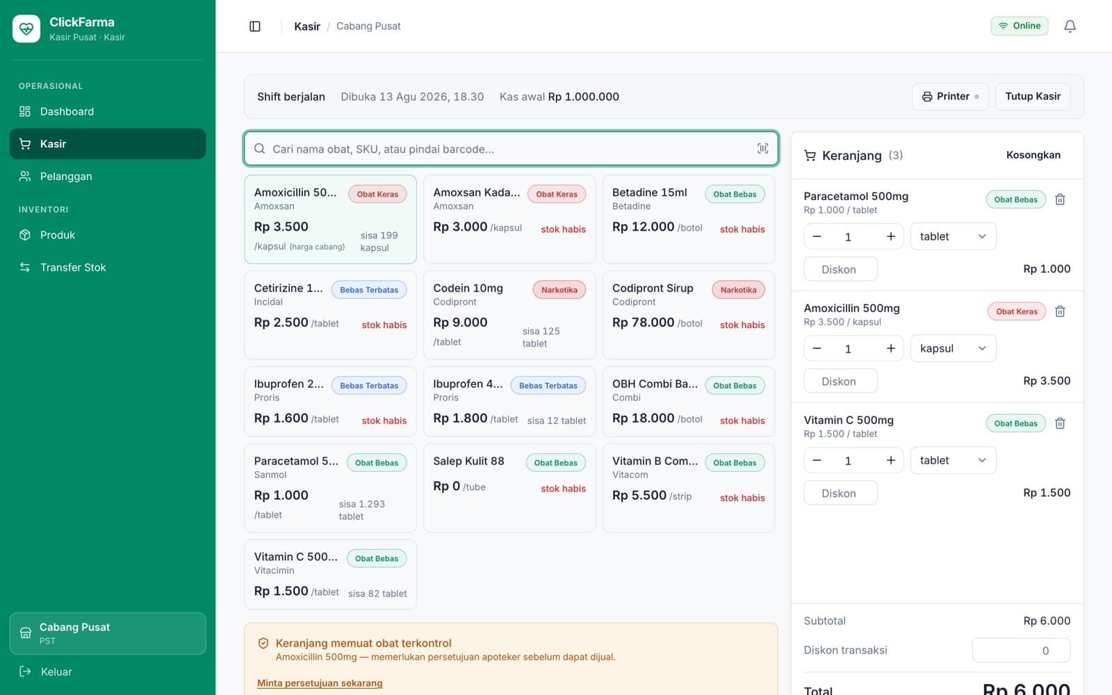 Layar kasir ClickFarma dengan pencarian obat, kartu obat berlabel golongan, dan keranjang berisi tiga item.