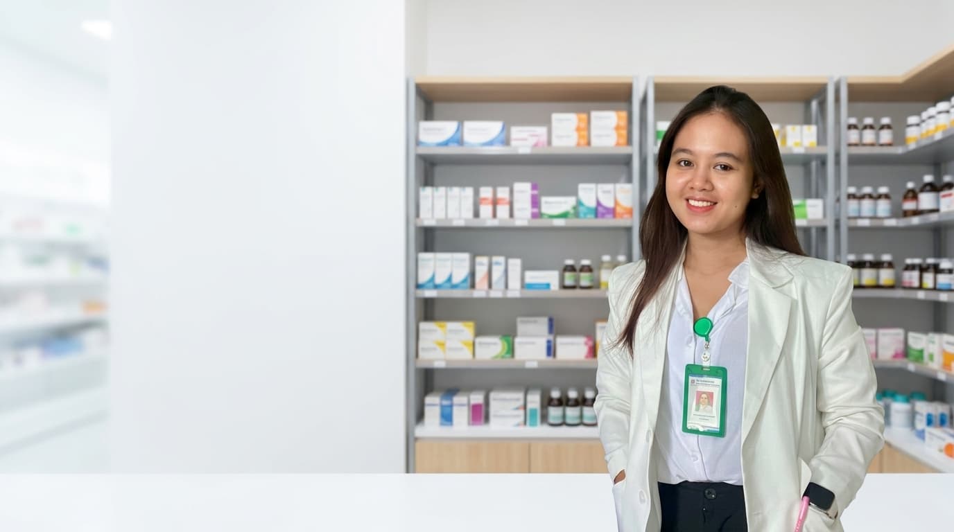 Apoteker ClickFarma memegang tablet digital dengan latar belakang rak apotek