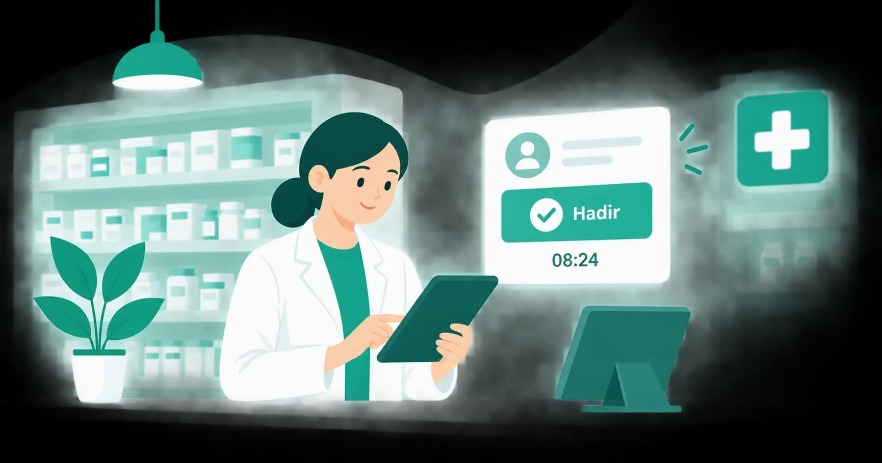 Ilustrasi apoteker absen lewat tablet, tercatat hadir pukul 08.24